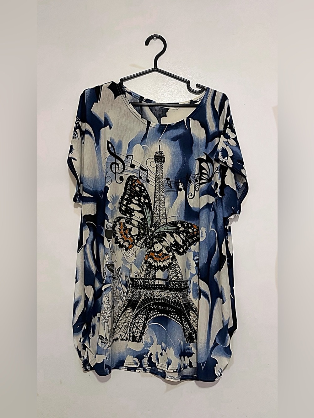 Blue Floral Eiffel Tower Butterfly Print Women's Top